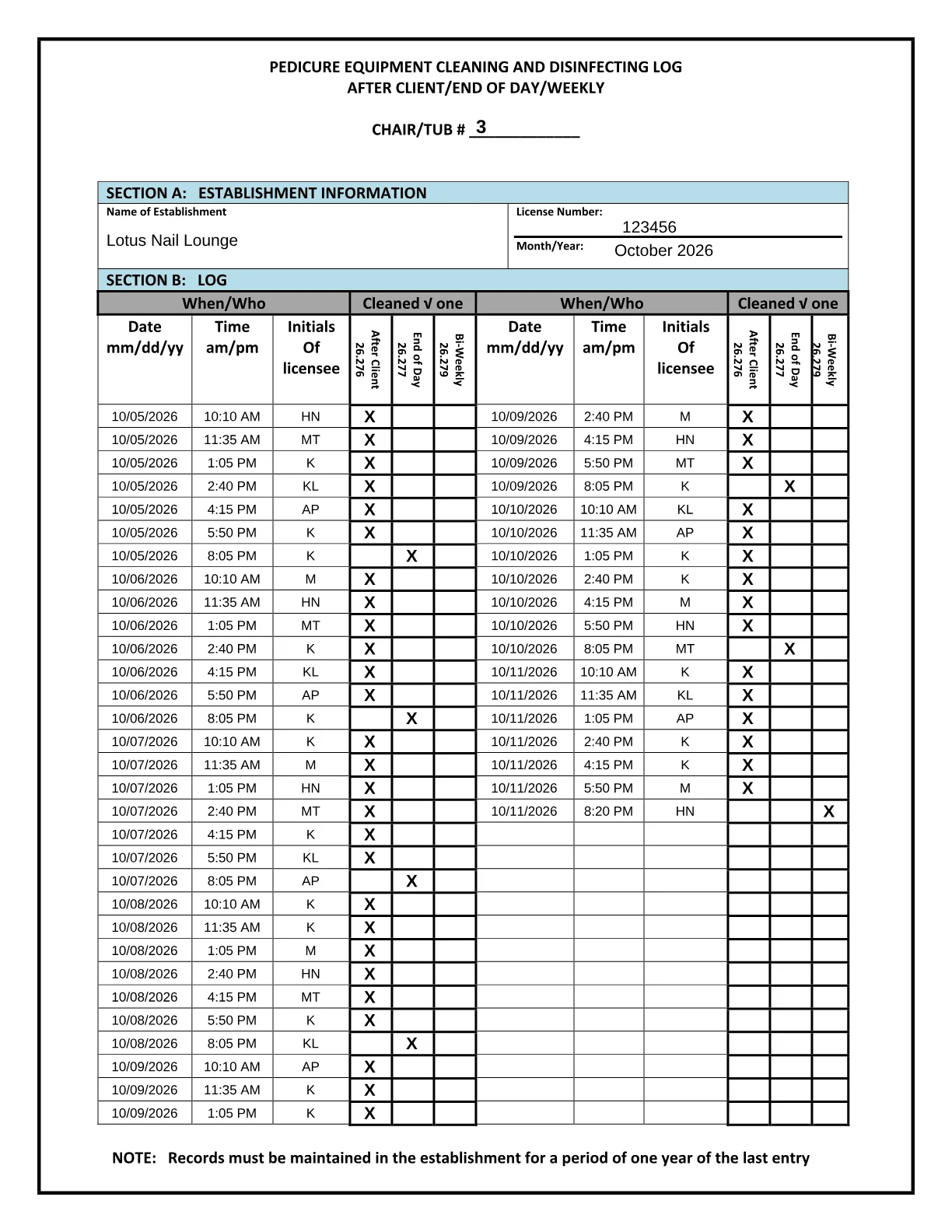 Maine Barbering and Cosmetology Licensing Program Pedicure Equipment Cleaning and Disinfecting Log, filled in from the record