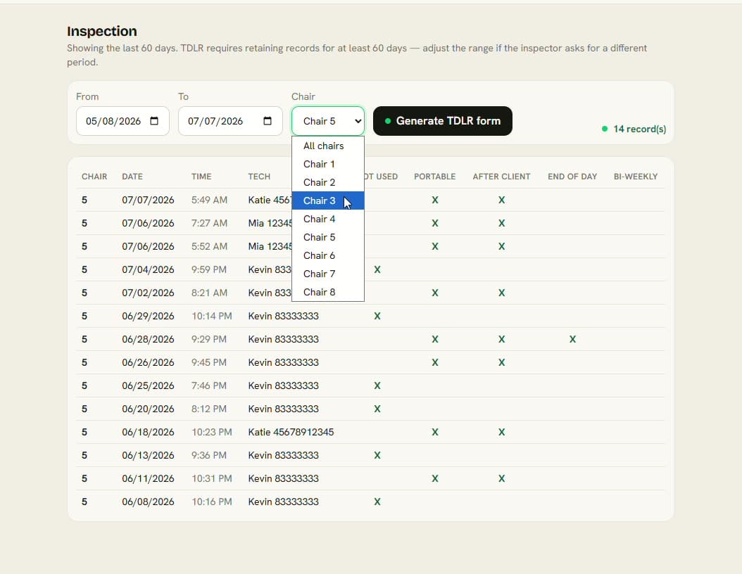 Inspection records view filtered by chair over the last 60 days