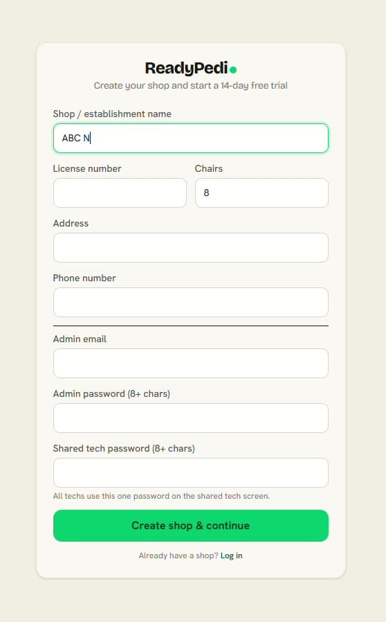 ReadyPedi signup form for creating a salon and its chairs