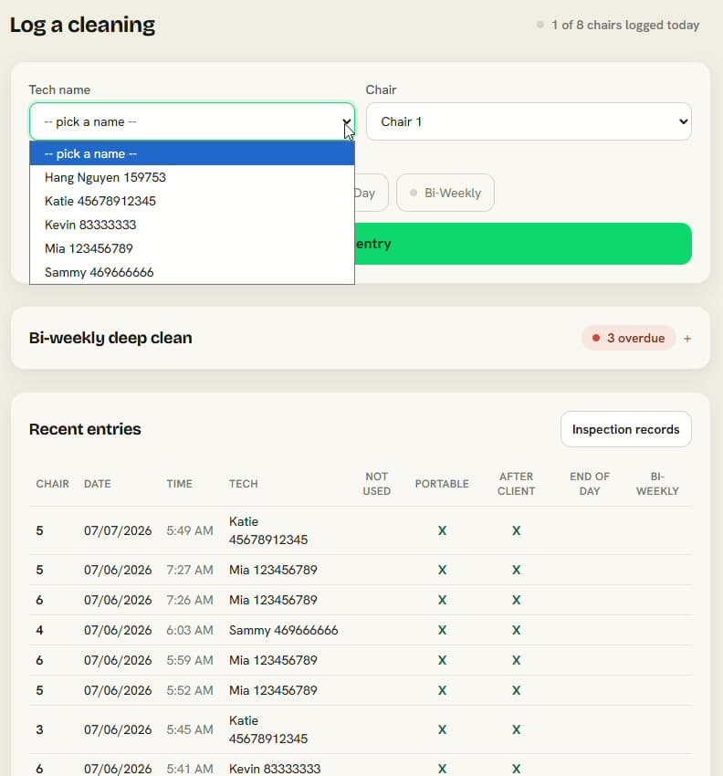The shared tech screen for logging a chair cleaning