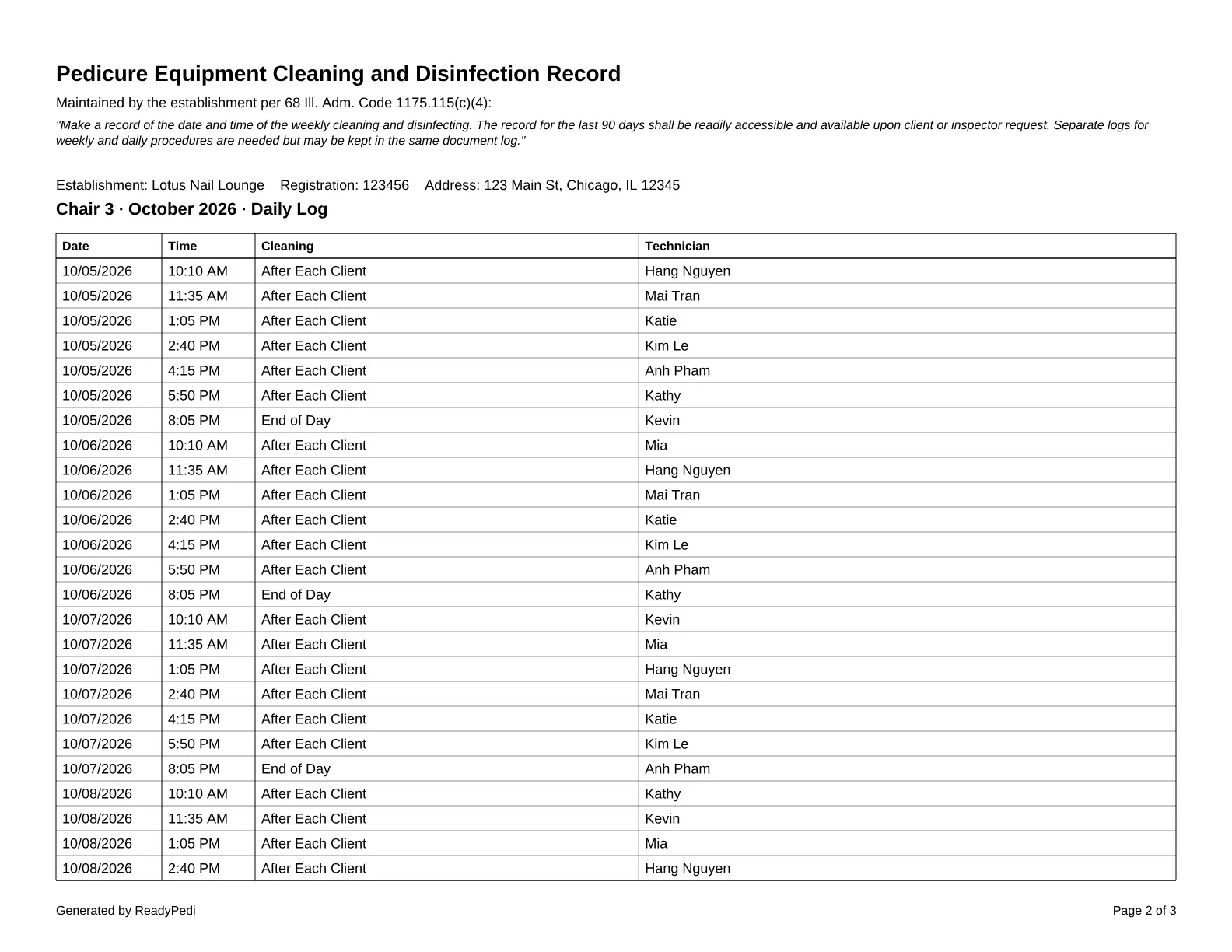 Pedicure Equipment Cleaning and Disinfection Record de ReadyPedi para Illinois, el Daily Log, lleno desde el registro