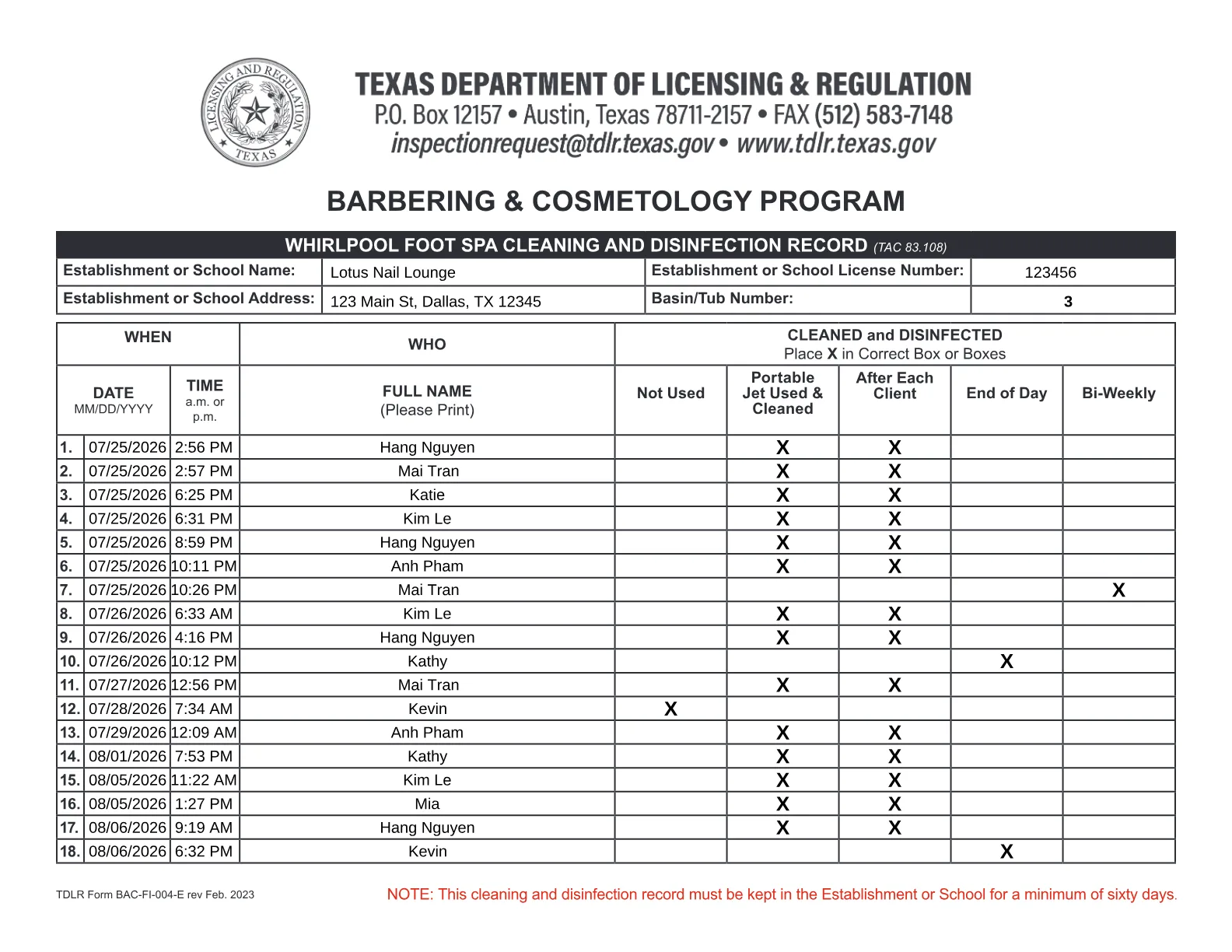 Record của Texas, BAC-FI-004-E, một tuần records điền sẵn từ log ReadyPedi