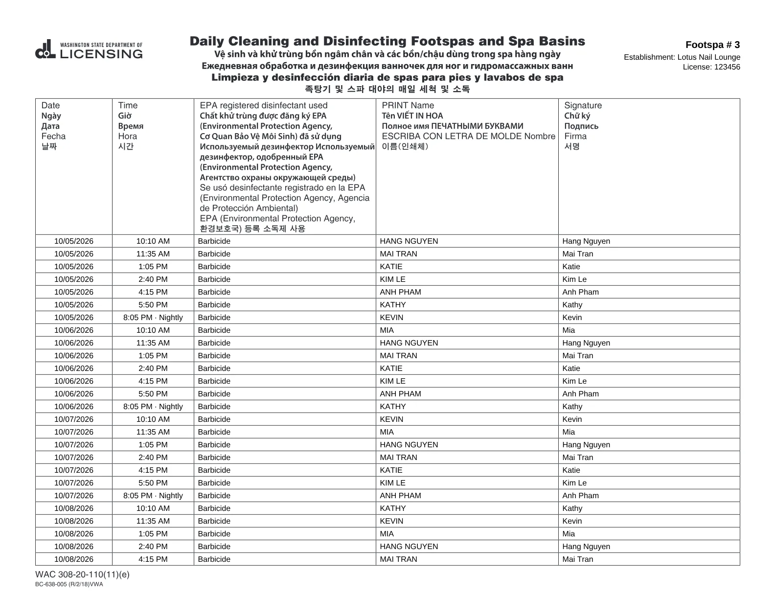 Record của Washington, BC-638-005, một tuần records điền sẵn từ log ReadyPedi